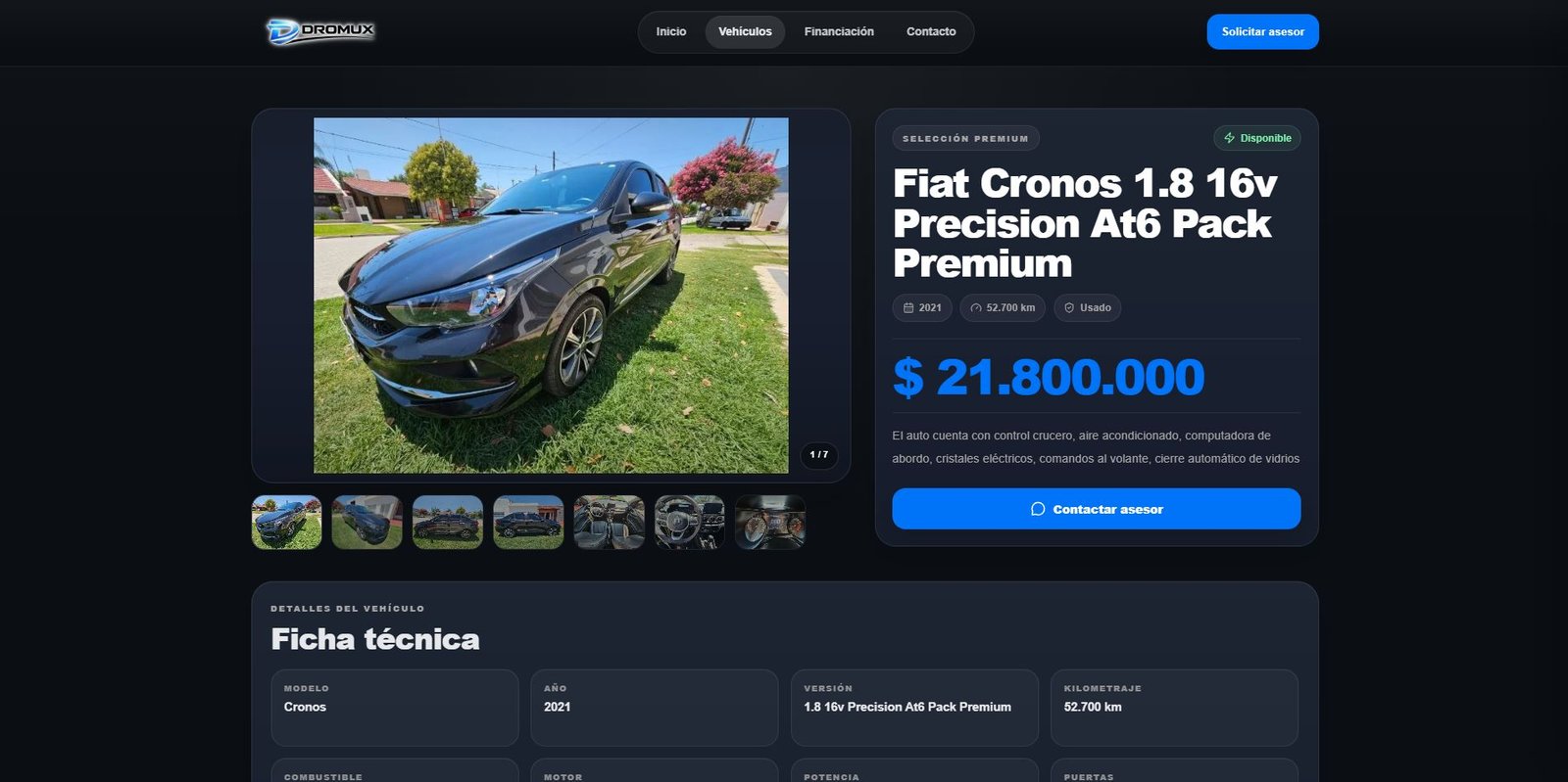 Ejemplo de diseño claro de una página para agencia de autos desarrollada con Dromux